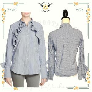 Kenneth Cole New York Women's Ruffle Poplin Shirt Even Stripe Black XS $95